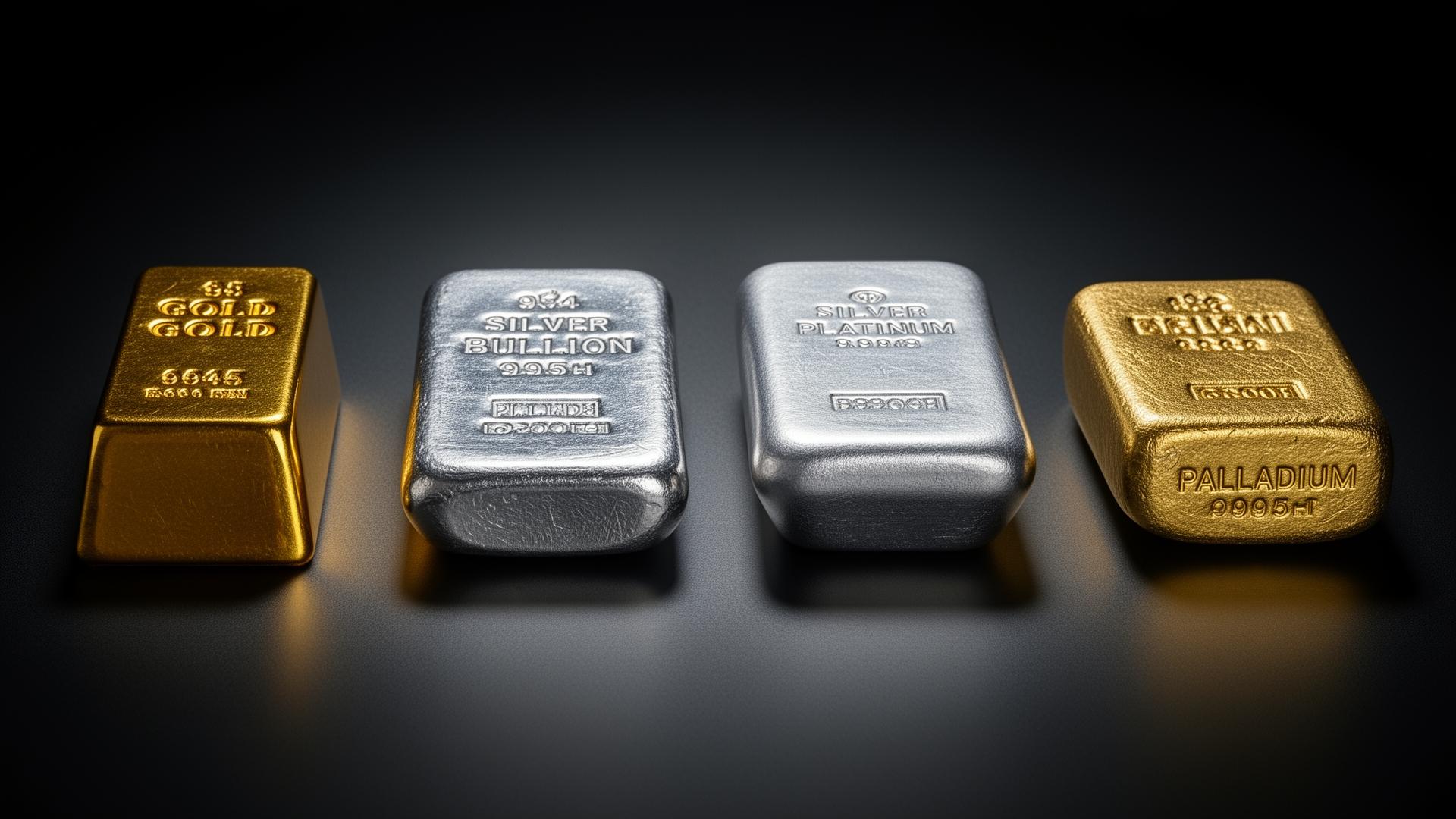 Gold, silver, platinum, and palladium bars side by side — comparing the four major precious metals
